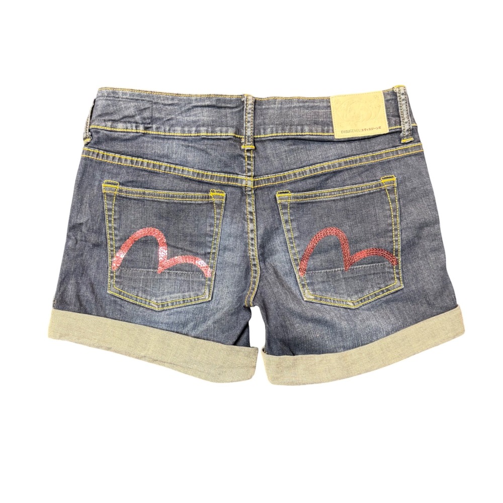 Evisu Genes Womens 27 Pink Sequin Seagull Denim Shorts dark Y2K Osaka Japan Dark